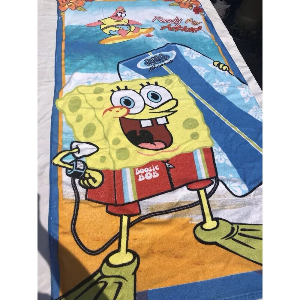 Vtg Y2K SpongeBob Ready Action Beach Towel Nickelodeon 28”x53” Surfboards Retro